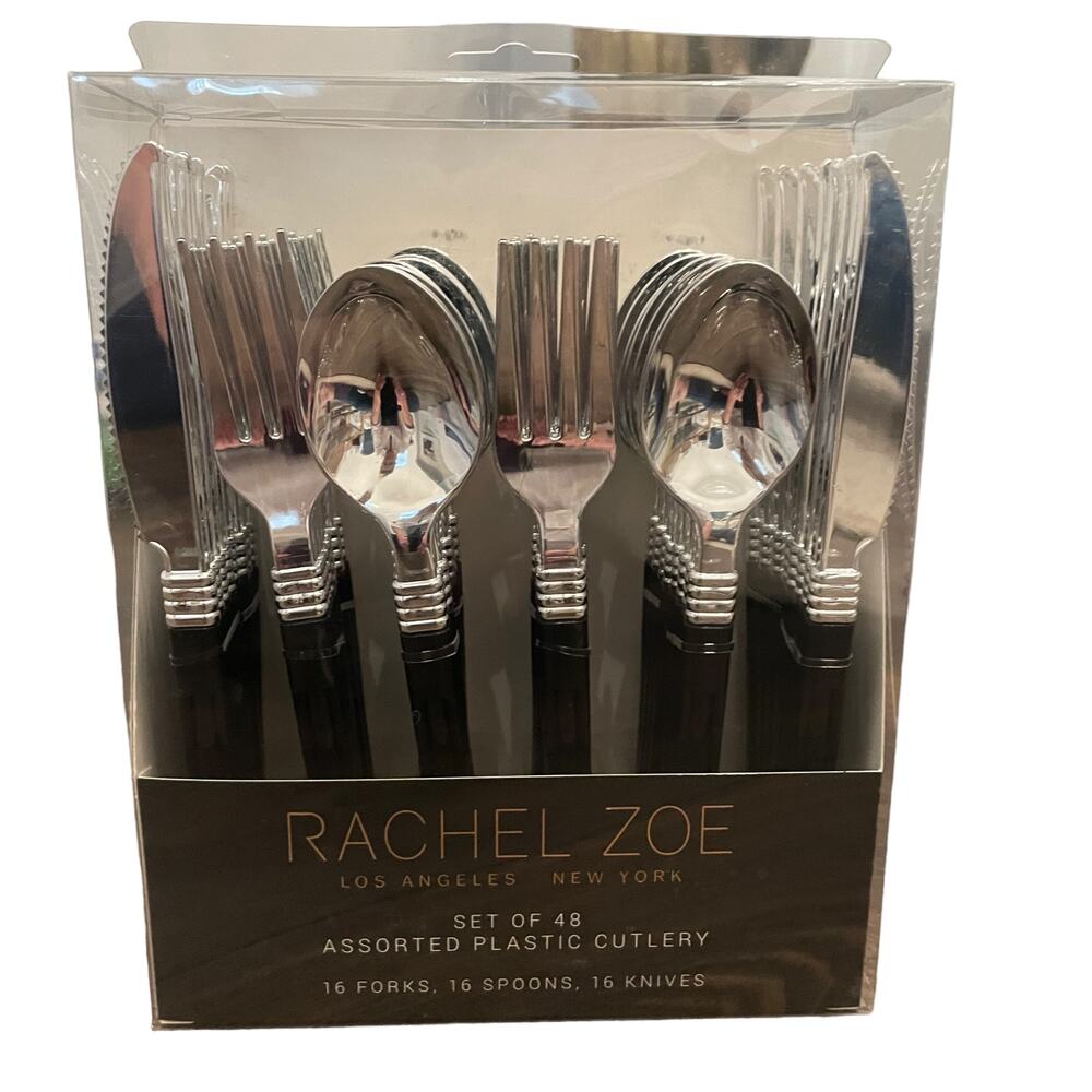 RACHEL ZOE Set of 48 Glam Black Assorted Disposable Plastic Cutlery NEW